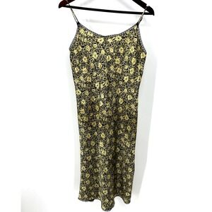 Olga‎ Gold & Black Floral Satin Vintage Long Midi Nightgown Slip Dress Lingerie